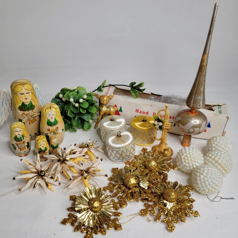 Lot of Vintage Christmas Decor  - White Gold Sparkly Kitschy Holiday Mid Century